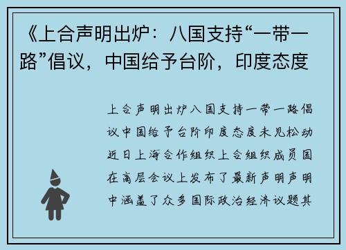 《上合声明出炉：八国支持“一带一路”倡议，中国给予台阶，印度态度未见松动》