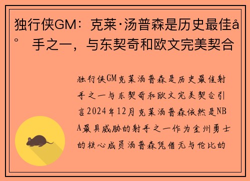 独行侠GM：克莱·汤普森是历史最佳射手之一，与东契奇和欧文完美契合
