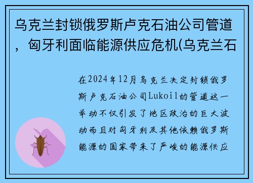 乌克兰封锁俄罗斯卢克石油公司管道，匈牙利面临能源供应危机(乌克兰石油储量)