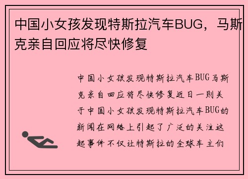 中国小女孩发现特斯拉汽车BUG，马斯克亲自回应将尽快修复