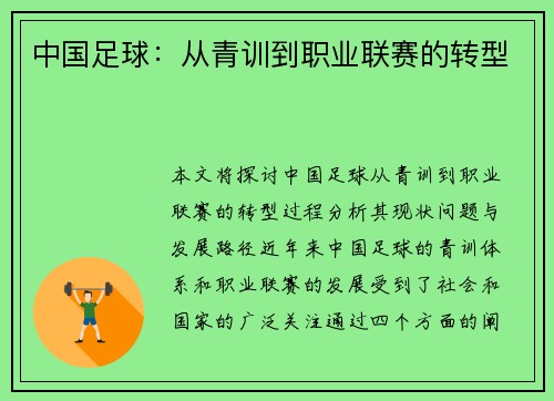 中国足球：从青训到职业联赛的转型