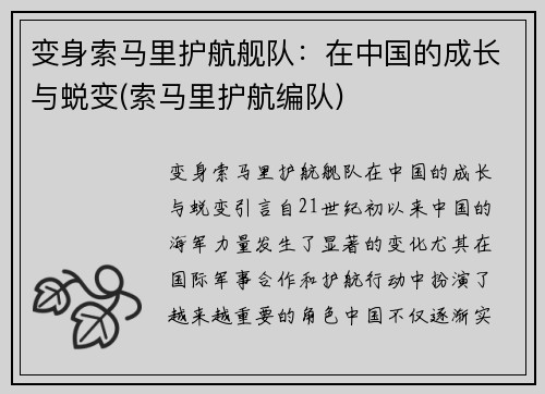 变身索马里护航舰队：在中国的成长与蜕变(索马里护航编队)