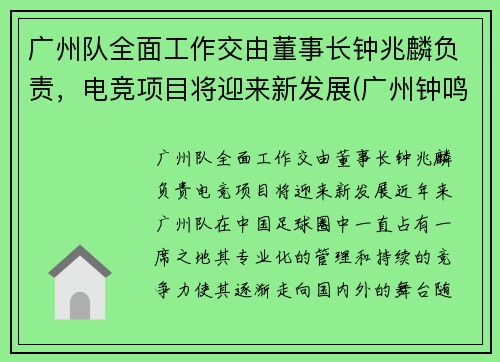 广州队全面工作交由董事长钟兆麟负责，电竞项目将迎来新发展(广州钟鸣简历)