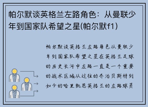 帕尔默谈英格兰左路角色：从曼联少年到国家队希望之星(帕尔默f1)