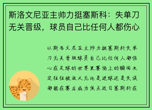斯洛文尼亚主帅力挺塞斯科：失单刀无关晋级，球员自己比任何人都伤心