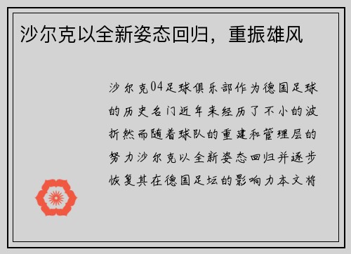 沙尔克以全新姿态回归，重振雄风