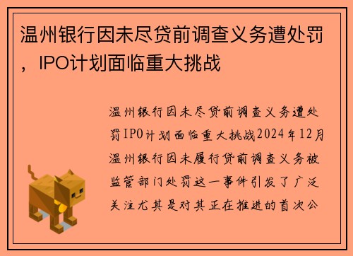 温州银行因未尽贷前调查义务遭处罚，IPO计划面临重大挑战