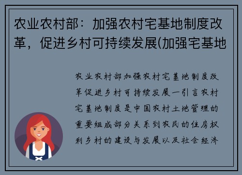 农业农村部：加强农村宅基地制度改革，促进乡村可持续发展(加强宅基地管理)